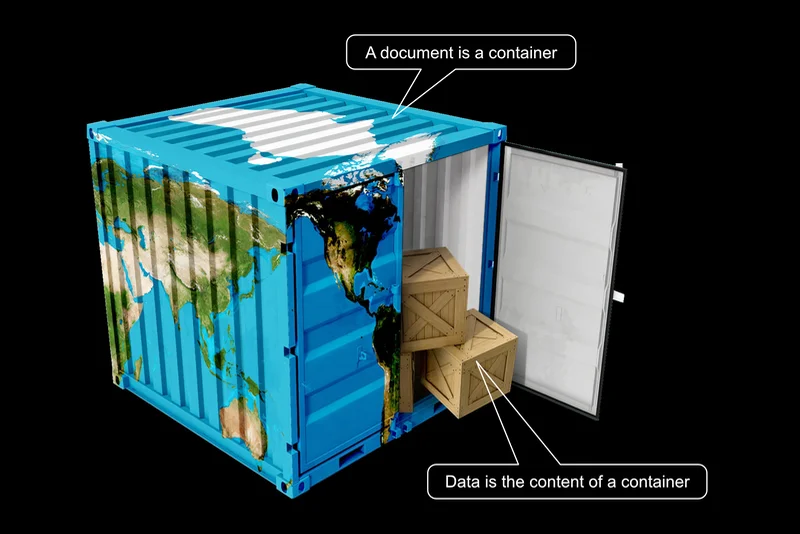 Document and data depicted with wooden boxes inside a container