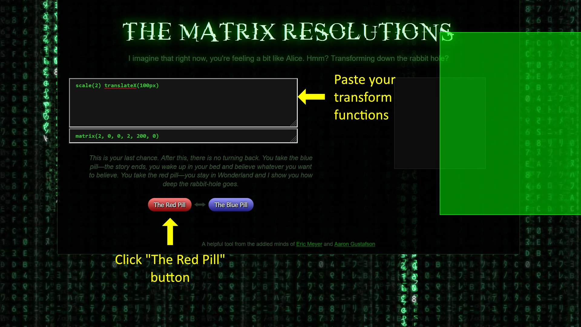 The matrix resolutions tool&#39;s
screenshot