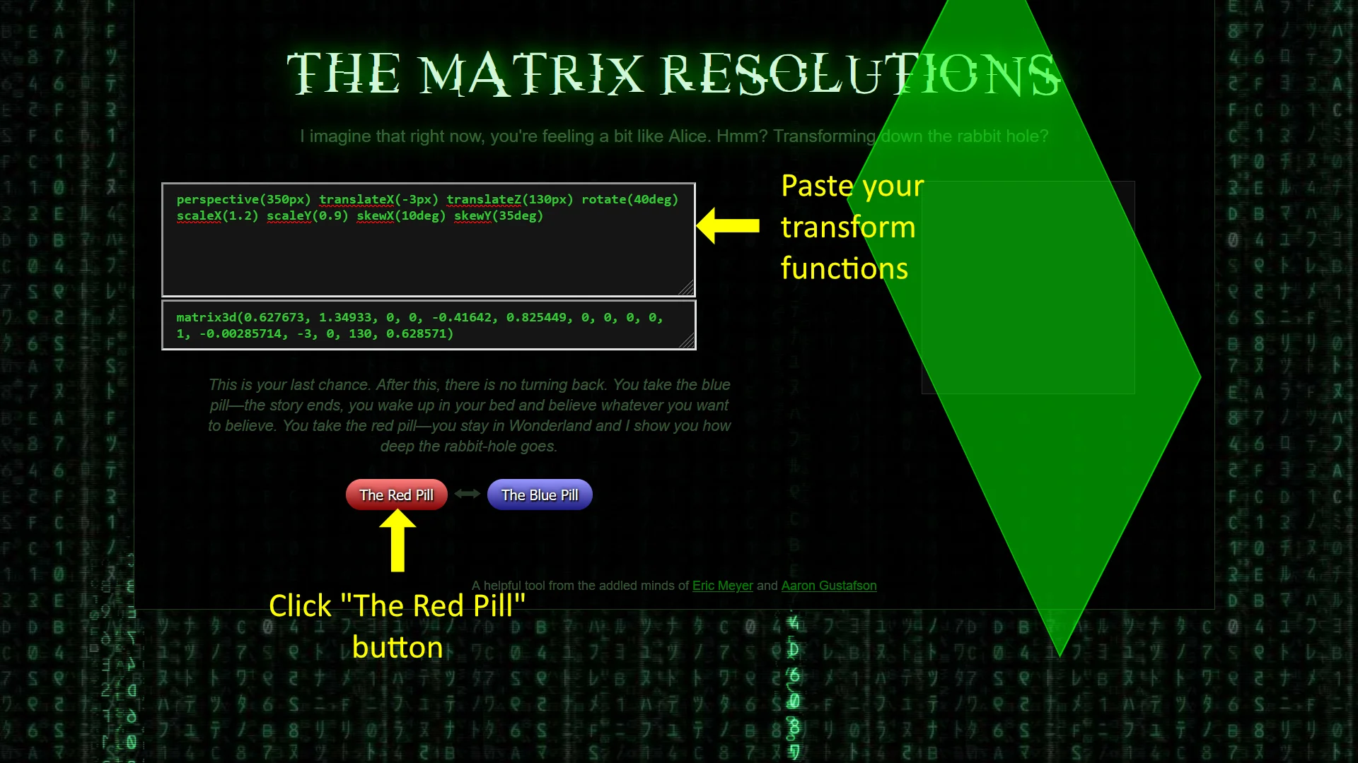 The matrix resolutions tool&#39;s
screenshot